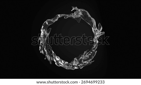 Liquid water splashes forming a dynamic circular loop, symbolizing flow, purity, and refreshment against a dark black background, highlighting its transparency and fluidity. 3d rendering