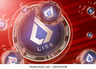 Lisk crash; Lisk (LSK) coins in a bubbles on the binary code background. Close-up. 3d illustration
