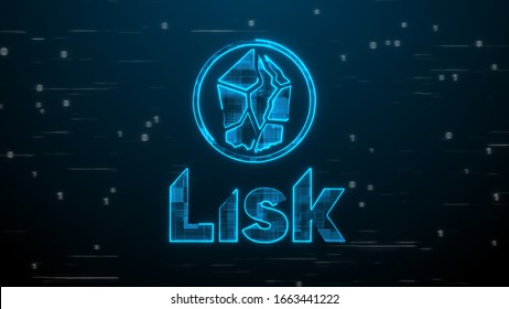 Lisk LSK cryptocurrency futuristic neon symbol. Binary code and speed lines background illustration