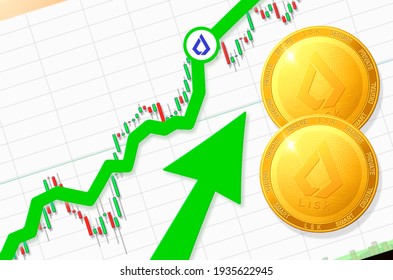 Lisk LSK cryptocurrency price up; Lisk going up; flying up success growth price rate chart (place for text, price)