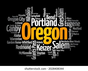List of cities in Oregon USA state, word cloud concept background