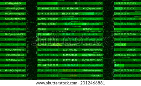 List of data and passwords. Animation. Database with IP addresses and passwords. Access to personal data, addresses and passwords of network users. Hacking of confidential information
