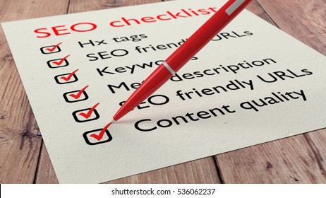 List with SEO characteristics and a red pen ticking the items 3D illustration - Powered by Shutterstock