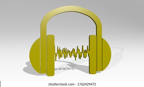 LISTENING TO MUSIC made by 3D illustration of a shiny metallic sculpture on a wall with light background. caucasian and woman - Powered by Shutterstock