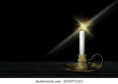 Lit candle with spark. In the background a living room with a large library.  - Powered by Shutterstock