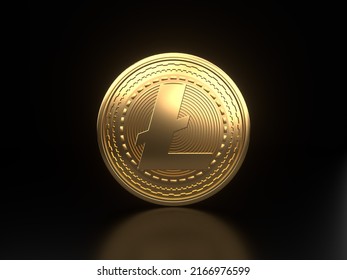Litecoin Coin Symbol. 3D Illustration of Gold Litecoin Coin Logo on the Black Background.