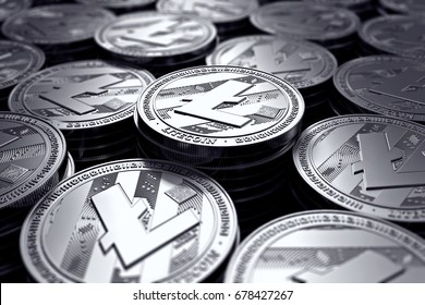 Litecoin coins (LTC) in blurry closeup. New cryptocurrency and modern banking concept. 3D rendering.
