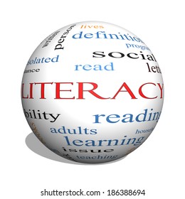 Literacy 3D sphere Word Cloud Concept with great terms such as read, write, education and more.