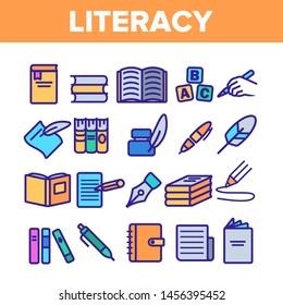 Literacy Linear Icons Set. Literacy Thin Line Contour Symbols Pack. Humanities Pictograms Collection. Reading and Writing, School Education, University Study. Stationery Outline Illustrations