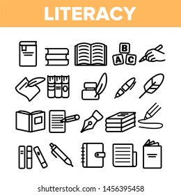 Literacy Linear Icons Set. Literacy Thin Line Contour Symbols Pack. Humanities Pictograms Collection. Reading and Writing, School Education, University Study. Stationery Outline Illustrations