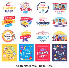 Literacy and teachers day stickers set with big signs, books in hardcover, male and female characters and stationery supplies  illustrations. - Powered by Shutterstock