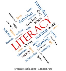 Literacy Word Cloud Concept angled with great terms such as read, write, education and more.