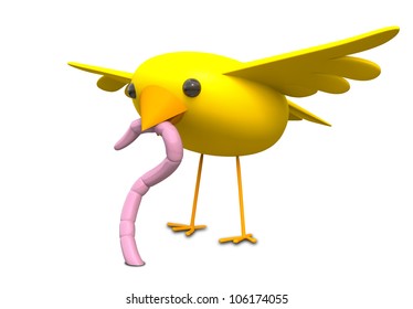A literal depiction of the idiom of a yellow bird catching a pink earth worm