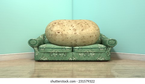 A literal depiction of a potato sitting on an old vintage sofa with a floral fabric in the corner of an empty room with light blue wall and a reflective wooden floor