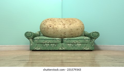 A literal depiction of a potato sitting on an old vintage sofa with a floral fabric in the corner of an empty room with light blue wall and a reflective wooden floor