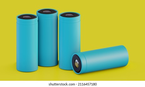 lithium 18650 batterie 3,7v isolated on yellow background. Lithium-ion 18650 size industrial high current batteries. 3d rendered image. 