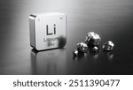 Lithium chemical symbol from the periodic table and pieces of lithium metal. 3d illustration