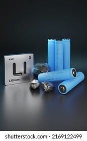 Lithium - Ion Batteries And Lithium Element Symbol. 3d Illustration.