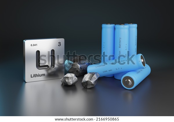 Lithium - ion batteries , metallic lithium\
and element symbol. 3d\
illustration.