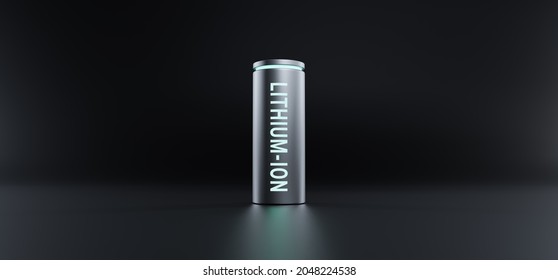 Lithium Ion Battery With Fully Charged Power Level On Black Background, 3D Rendering Li-Ion Neon Energy Storage Device Power Charging Technology Illustration
