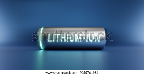 Lithium ion battery with fully charged power\
level, 3D rendering Li-Ion neon energy storage device power\
charging technology illustration\
concept