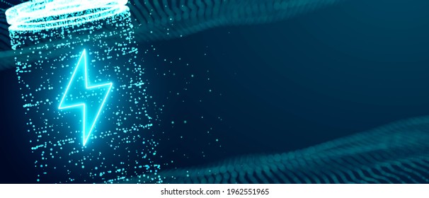 Lithium Ion Battery Starts Recharging Electric Energy Supply, Fast Charging Technology Concept, Abstract Futuristic 3d Rendering Illustration Digital Cyberspace Particle Background