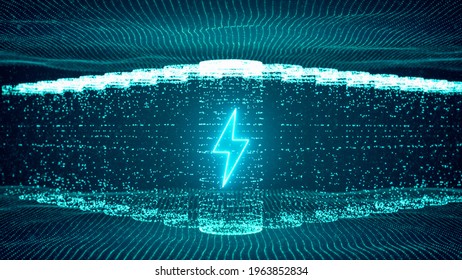 Lithium Ion Battery Starts Recharging Electric Energy Supply, Fast Charging Technology Concept, Abstract Futuristic 3d Rendering Illustration Digital Cyberspace Particle Background