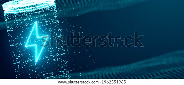 Lithium ion\
battery starts recharging electric energy supply, fast charging\
technology concept, abstract futuristic 3d rendering illustration\
digital cyberspace particle\
background