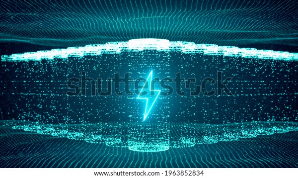 Lithium ion
battery starts recharging electric energy supply, fast charging
technology concept, abstract futuristic 3d rendering illustration
digital cyberspace particle
background