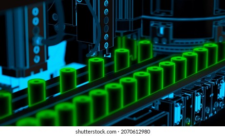 Lithium Ion Electric Batteries, Production Line. Abstract Image. 3D Illustration. 3D Rendering.