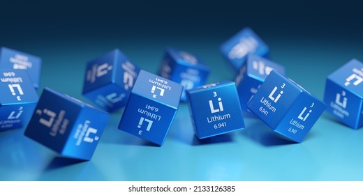 Lithium (Li) Is A Soft Metal And Conducts Electricity And Heat. Used In Science And Research, Nuclear Technology, Industry, Battery. Promotional Education Periodic Element Background 3D Render.