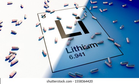 Lithium Treatment For Bipolar Disorder. Pills Scattered On The Symbol Of Lithium With A Representative Shadow. 3D Rendering.