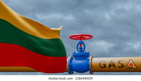 Lithuania Gas, Valve On The Main Gas Pipeline Lithuania, Pipeline With Flag Lithuania, Pipes Of Gas From Lithuania, 3D Work And 3D Image