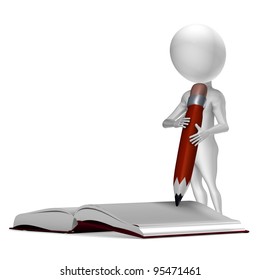 Little 3d guy writing in a notebook. Conceptual