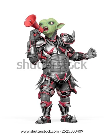 little alien warrior is protesting and screaming on the megaphone, 3d illustration