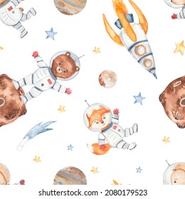 Little astronauts, fox, bear, rocket, planets, comet Space watercolor seamless pattern