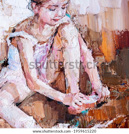Little ballerina  sits and fastens pointe shoes on a light brown background. Fragment of oil painting, palette knife technique and brush. Little girl in a dance class.