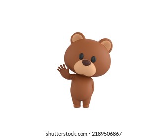 Little Bear Character Raising Right Hand In 3d Rendering.