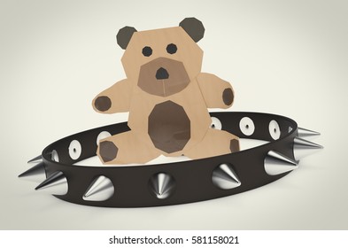 Little Bear Made With Paper, With A Big Studded Collar, Concept Of Using The Wrong Tool (3d Render