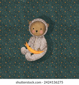 Little bear in pajamas with the moon in his paws on a starry background - Powered by Shutterstock