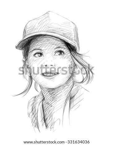 Little Beautiful Girl Cap Pencil Sketch stock ilustrace 