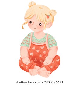 A little blonde girl in a baby jumpsuit is sitting on the floor, barefoot in kindergarten. Kid front view. The child smiles, listens. A teenager with a side view. For notepad, textbook, printing, ad - Powered by Shutterstock