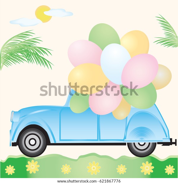 Little blue car with balloons\
sun palm daisies abstract art creative   illustration  bitmap\
image