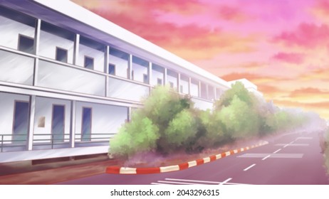 Little Blurred School In Evening, Anime Style For Game, Manga And Animation Background. 2D Painting Illustration. Stand Alone Building At Sunset Time