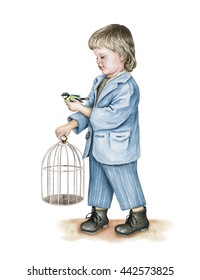 Little boy with bird's cage and tit bird in his hand. Watercolor