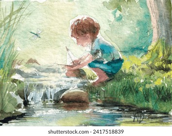 Little Boy by the Stream in the forest with a toy boat whimsical charming  watercolour book illustration childhood joy green happy feeling dragonfly handmade hand painted realistic artwork watercolor - Powered by Shutterstock