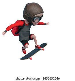 Little Boy Cartoon Skating On Radical Pose In A White Background. This Explorer Guy In Clipping Path Is Very Useful For Graphic Design Creations, 3d Illustration