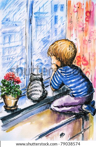 Little boy and cat watching the city through the window  in rainy day.Picture i have created with watercolors.