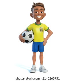 Little Boy Football Player Wearing A Brazil National Team Kit, Shirt And Shorts. Cartoon Character As Brazilian Soccer Team Mascot 3d Rendering