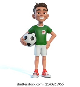 Little Boy Football Player Wearing A Mexico National Team Kit, Shirt And Shorts. Cartoon Character As Mexican Soccer Team Mascot 3d Rendering